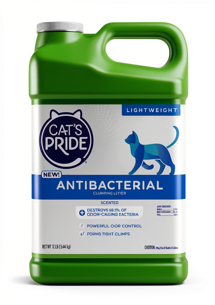 Unboxing Cat's Pride Antibacterial Clumping Litter on a kitchen counter, showing lightweight bag and granular texture