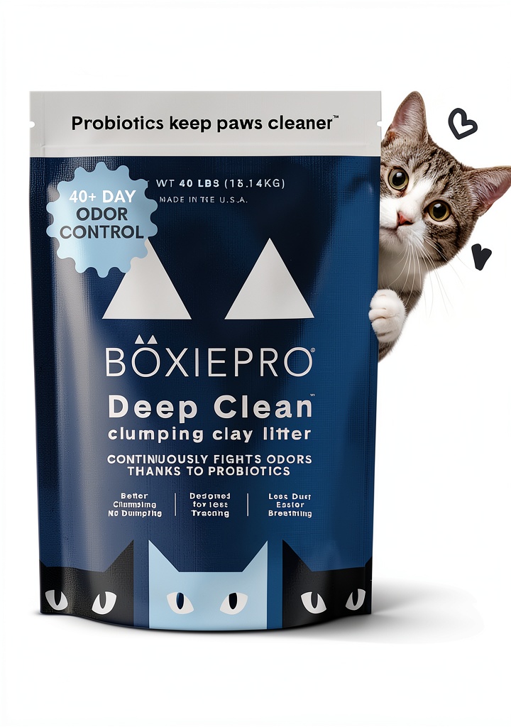 Boxie Pro cat litter being poured into a litter box in a modern apartment