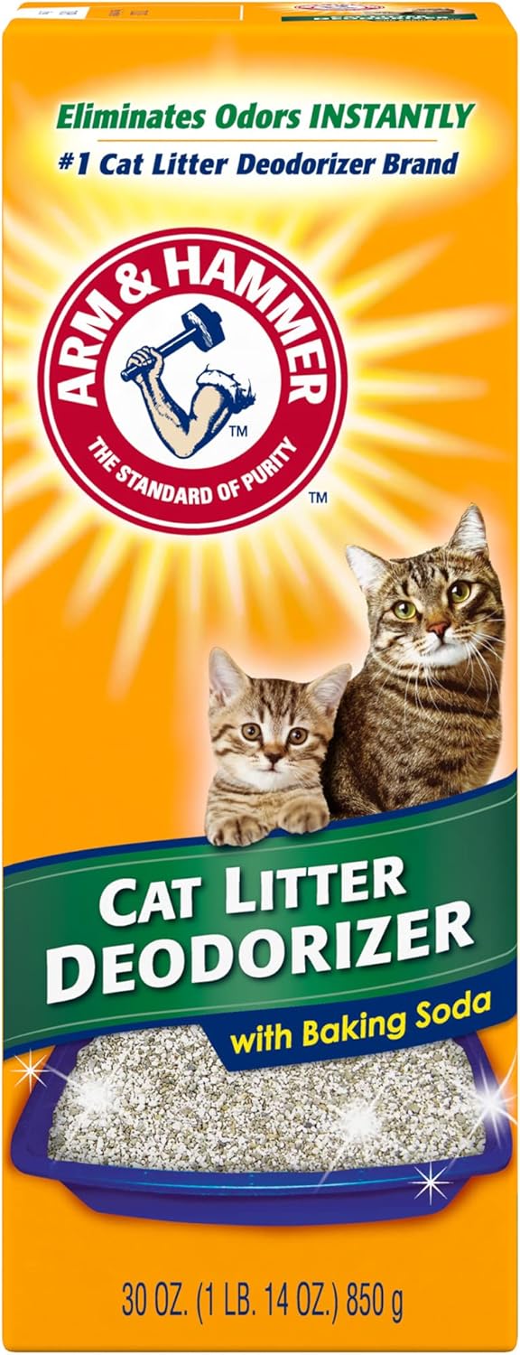 Arm & Hammer cat litter deodorizer being sprinkled into a litter box