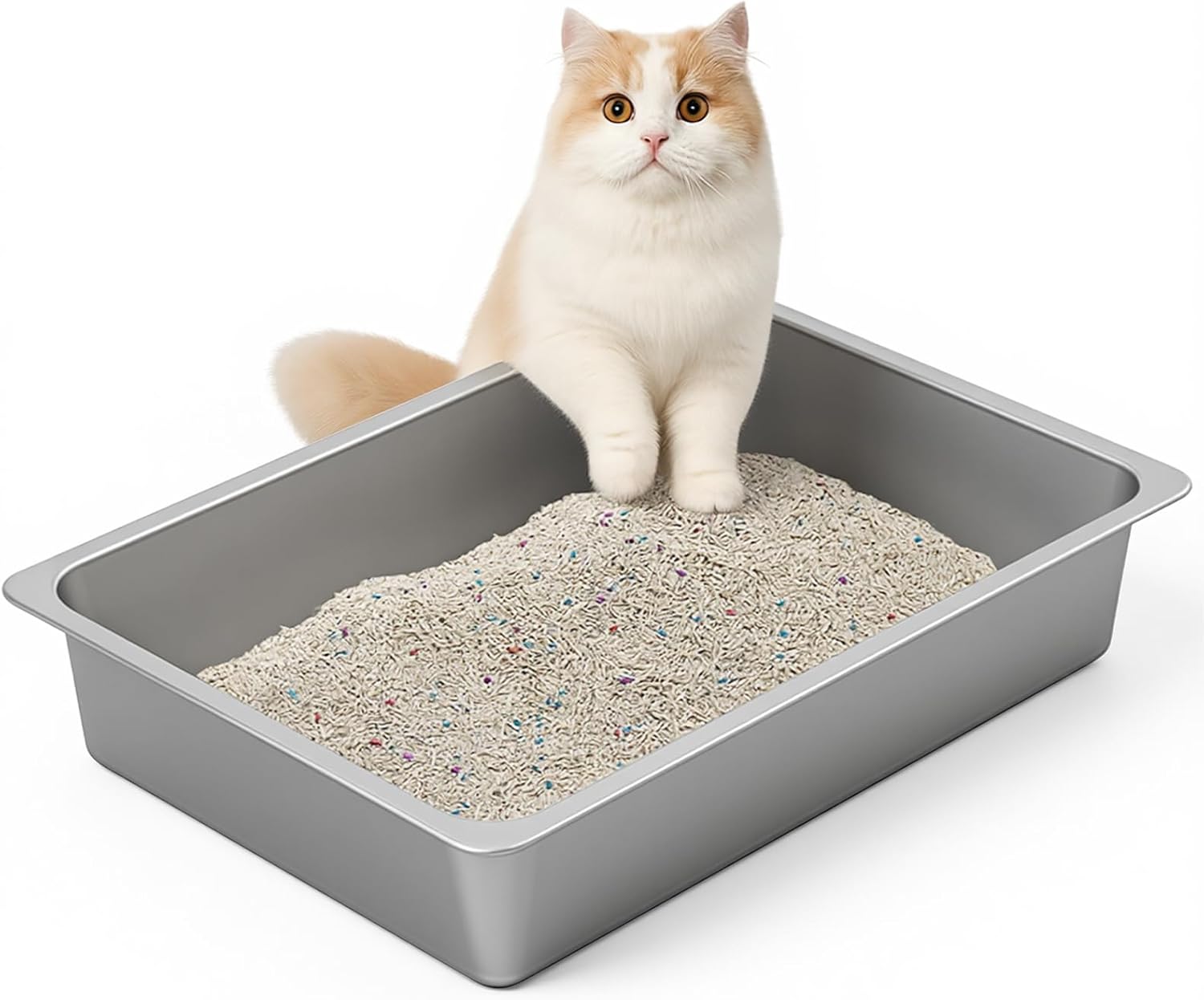 Installing Kirecoo Stainless Steel Cat Litter Box Large Open Top on a wooden floor in a bright living room