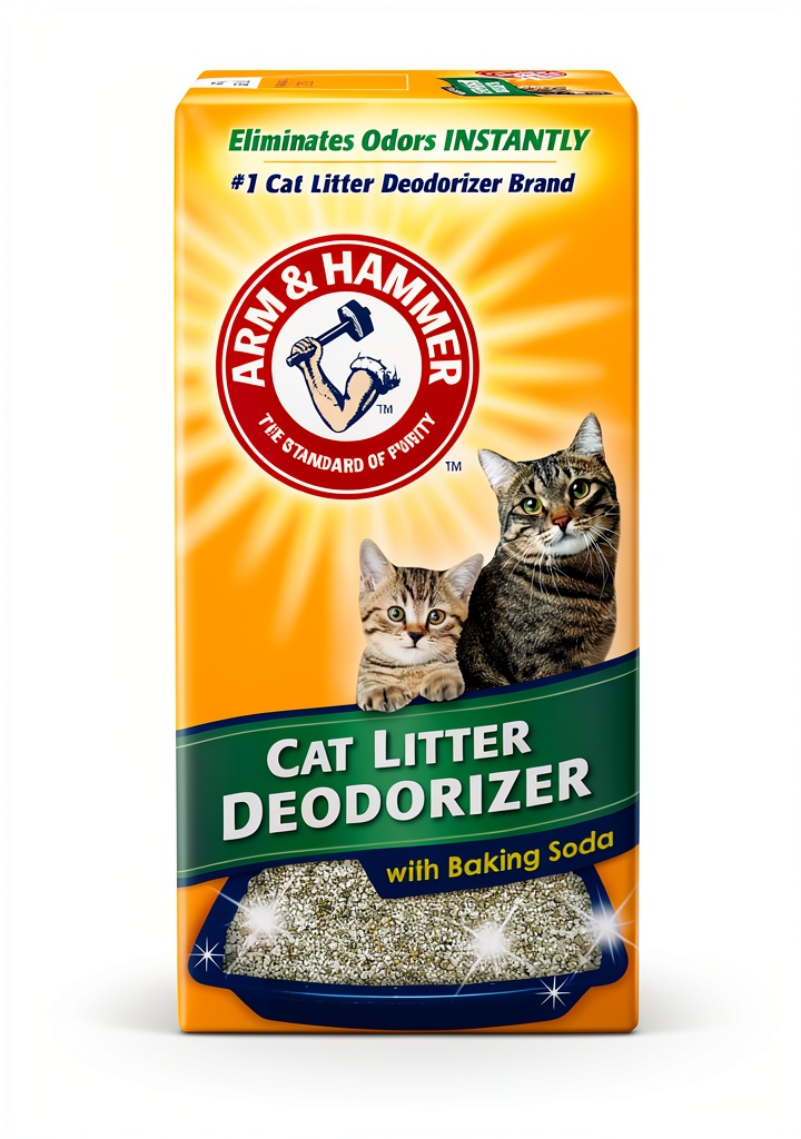 Sprinkling Arm & Hammer Cat Litter Deodorizer 30oz into a standard litter box