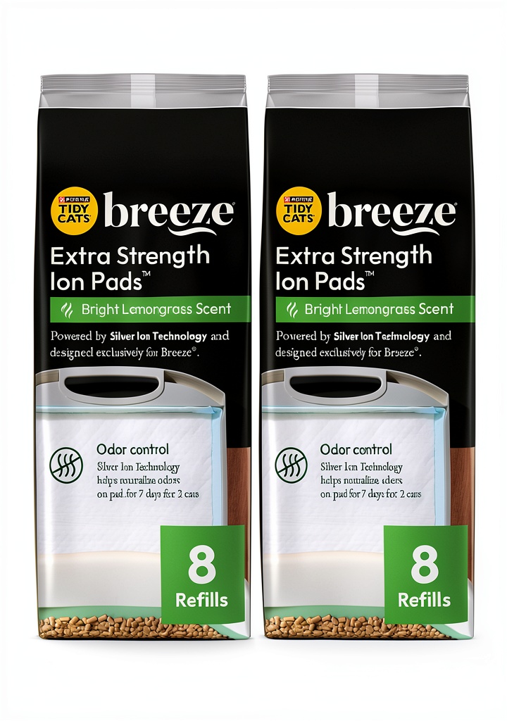 Purina Tidy Cats Breeze Pads Refill pack displayed next to litter system