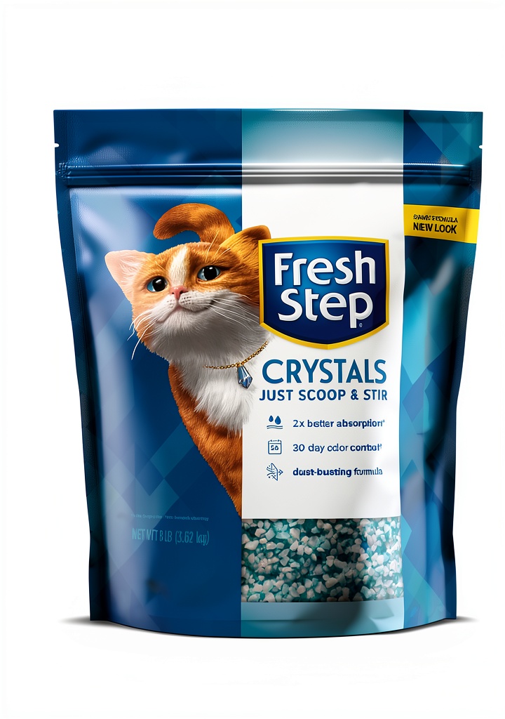Pouring Fresh Step Crystals cat litter into a standard plastic litter box on a kitchen floor