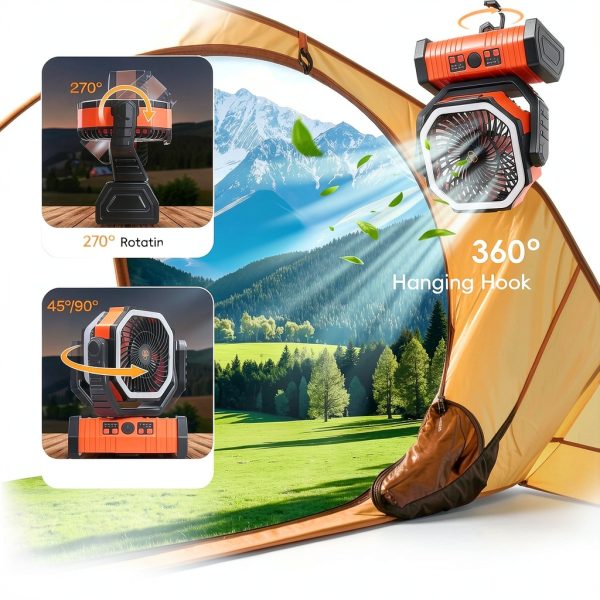 20000mAh Camping Fan - Rechargeable Battery Powered Portable Fan with LED Lantern, Remote Control, Oscillating, 360° Rotation Hanging Hook for Outdoor Travel, Camp, Tent-4