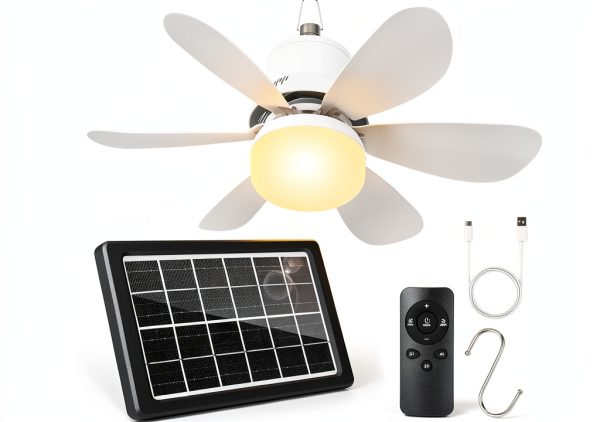 Portable Solar Ceiling Fan WVMNQO White 18.5" with Light & Remote-0