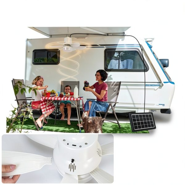 Portable Solar Ceiling Fan WVMNQO White 18.5" with Light & Remote-2